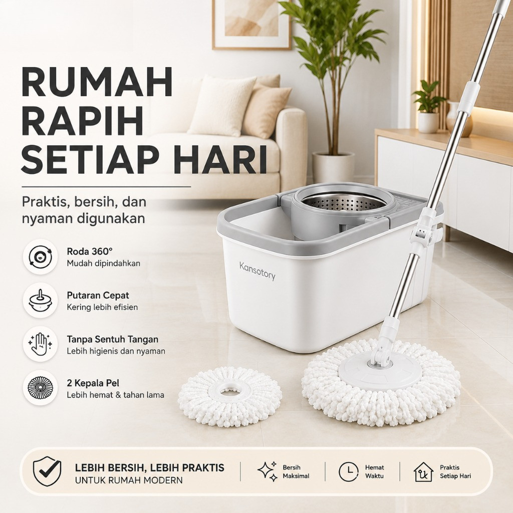 Paus Biru Kansatory Spin Mop Ember Roda Tersembunyi Pel Otomatis - Gambar 8