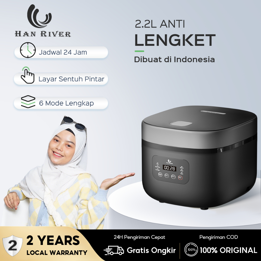 Penanak Nasi Digital HAN RIVER 2.2L Smart Touch Rice Cooker Anti Lengket Multiguna HRRC01GD