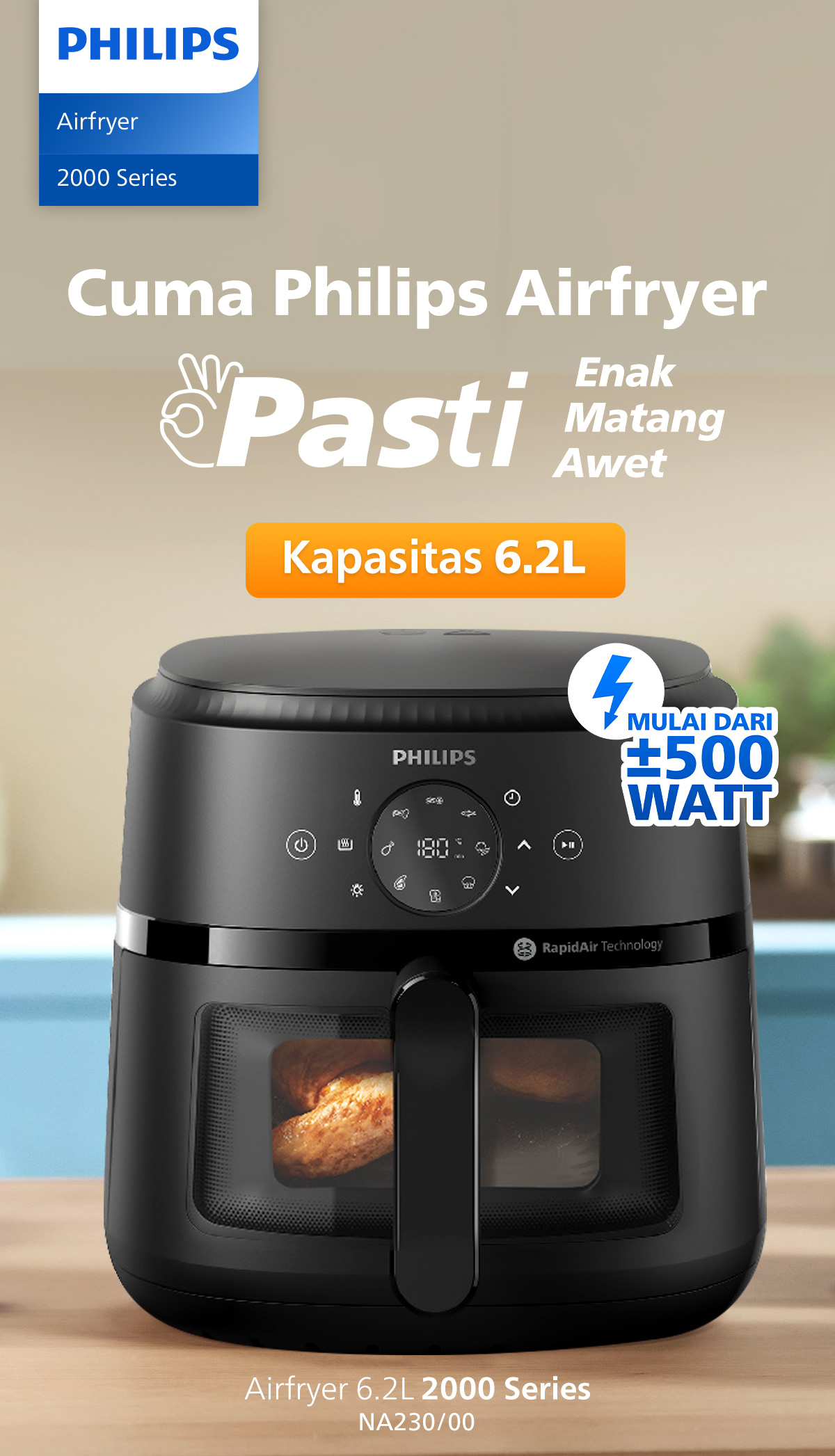 Philips Airfryer XL 6.2 L NA230/00 Low Watt 500W Jendela Transparan Digital - Gambar 7