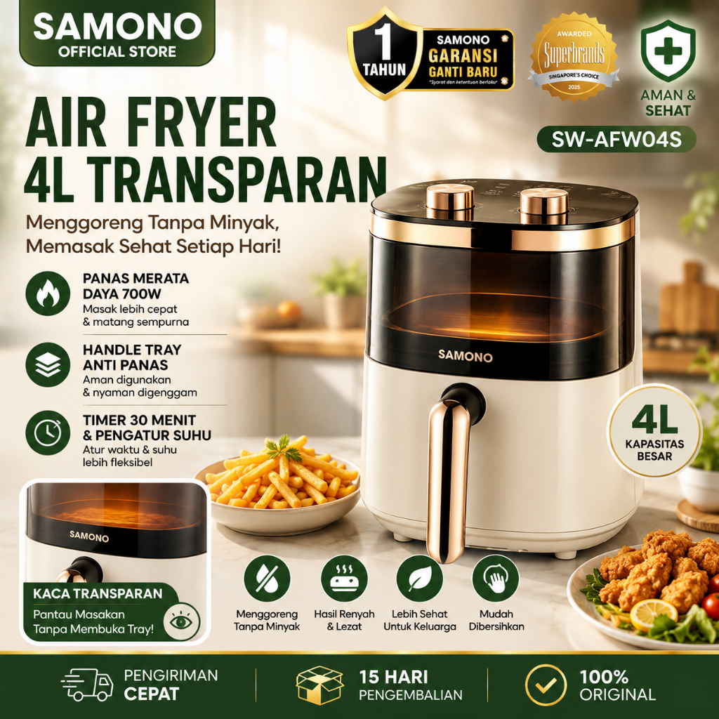 SAMONO Air Fryer 4L Kaca Transparan SW-AFW04S Low Watt 700W Garansi Resmi