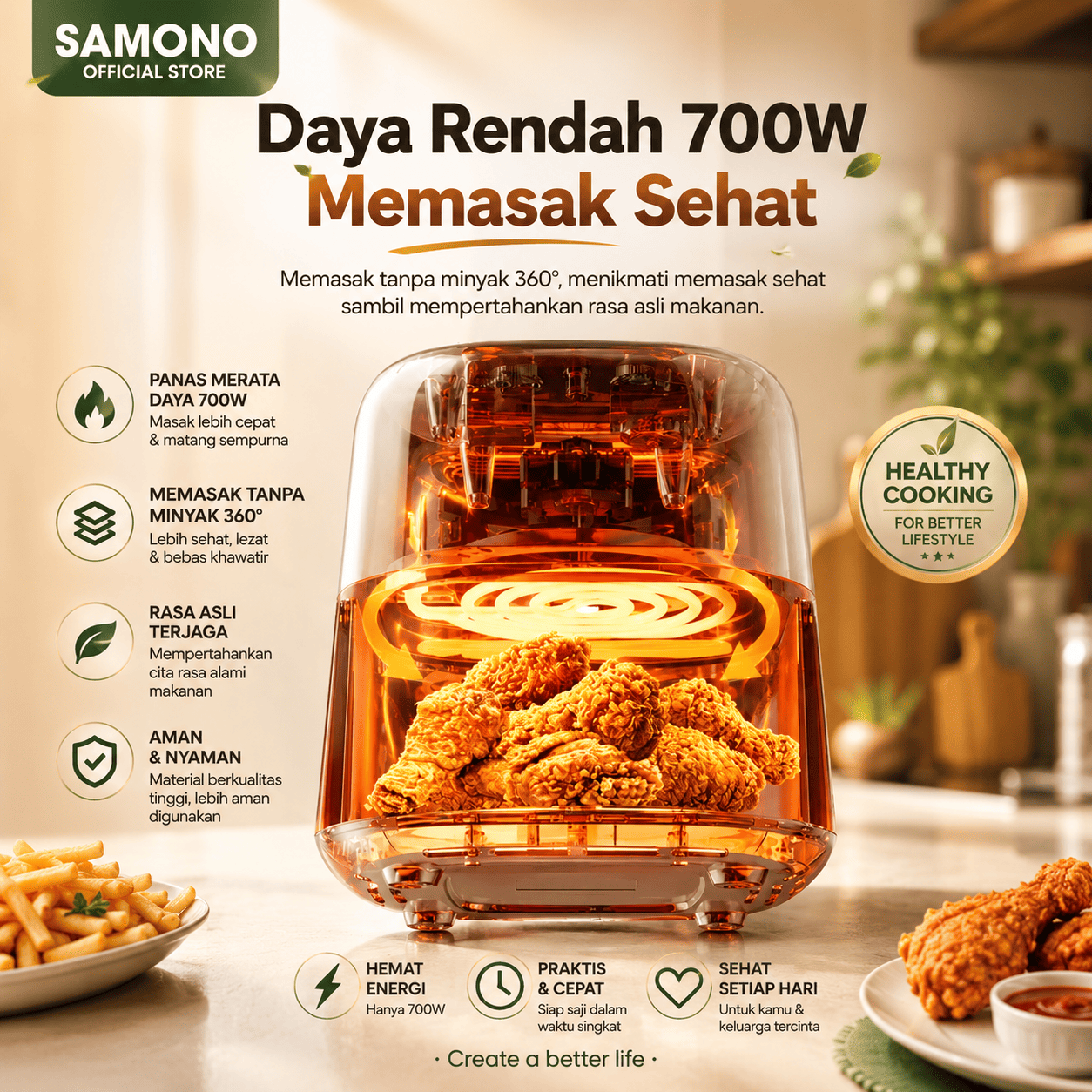 SAMONO Air Fryer 4L Kaca Transparan SW-AFW04S Low Watt 700W Garansi Resmi - Gambar 2