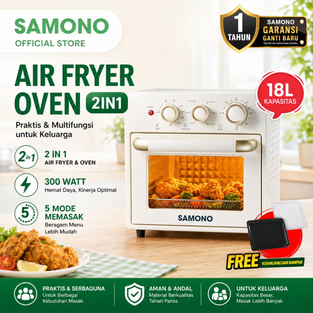 SAMONO Air Fryer Oven 18L SW-AFV18 Multifungsi 7 in 1 Low Watt 350W Garansi Resmi