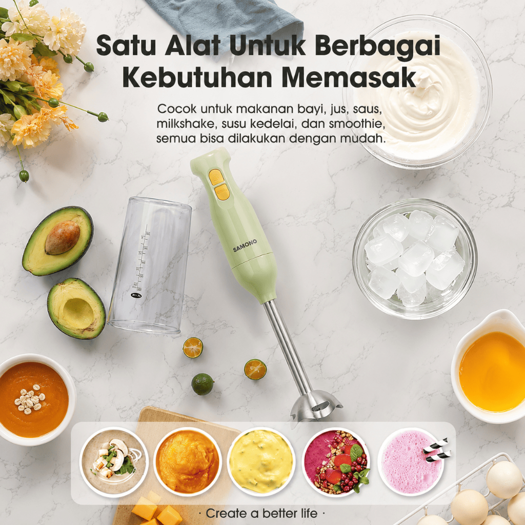 Samono Hand Blender SW-HB200A Penggiling Bumbu & MPASI Low Watt 250W Hijau - Gambar 2