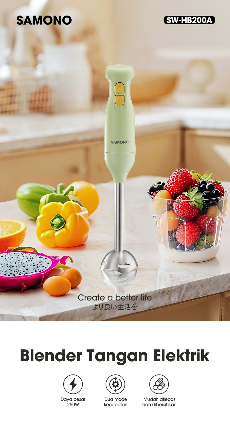 Samono Hand Blender SW-HB200A Penggiling Bumbu & MPASI Low Watt 250W Hijau - Gambar 9