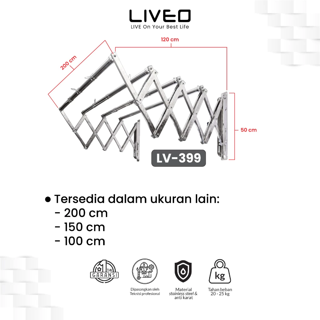 Liveo Jemuran Dinding Baju Lipat Gantung Stainless Steel Anti Karat Kuat - Gambar 4
