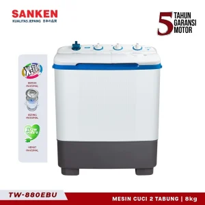 Sanken Mesin Cuci 2 Tabung TW-880EBU Twin Tub 8 Kg Hemat Listrik Low Watt Garansi Resmi