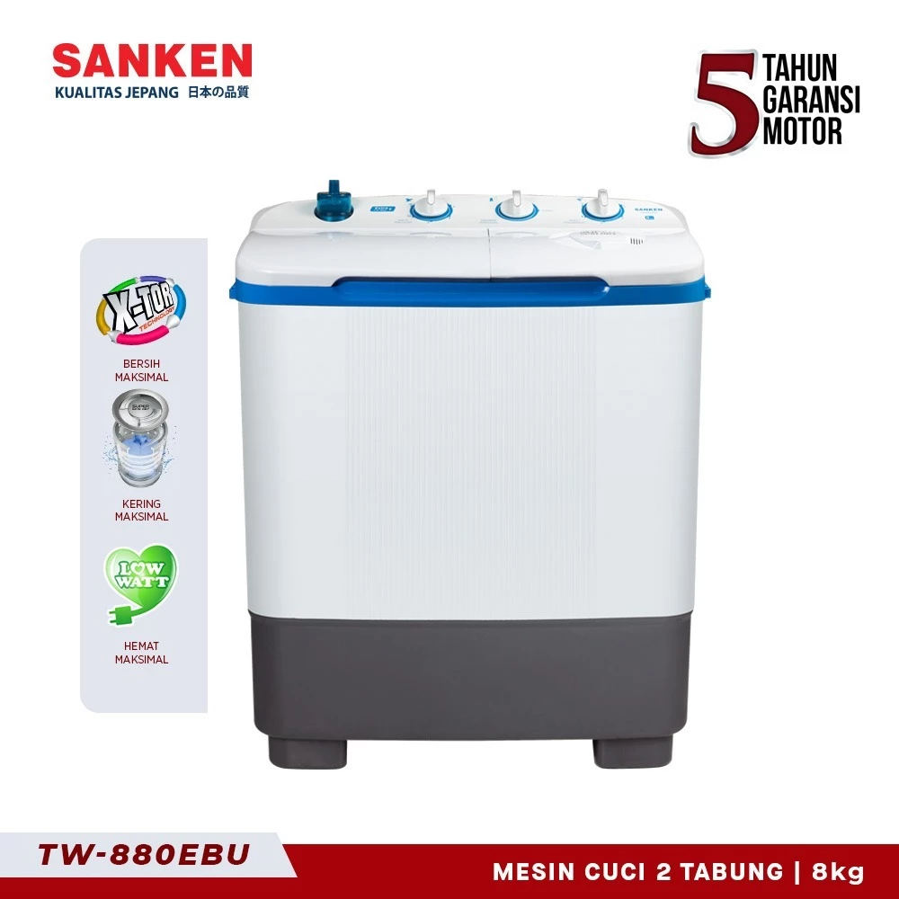 Sanken Mesin Cuci 2 Tabung TW-880EBU Twin Tub 8 Kg Hemat Listrik Low Watt Garansi Resmi