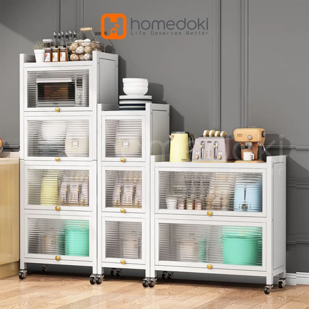 Homedoki Lemari Dapur Rak Piring Minimalis Tertutup Baja Karbon dengan Roda - Gambar 2
