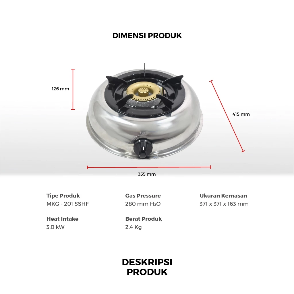 Maspion Kompor Gas 1 Tungku MKG-201 SSHF Stainless Steel Hyper Flame 3 kW - Gambar 4