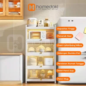 Homedoki Lemari Dapur Rak Piring Minimalis Tertutup Baja Karbon dengan Roda