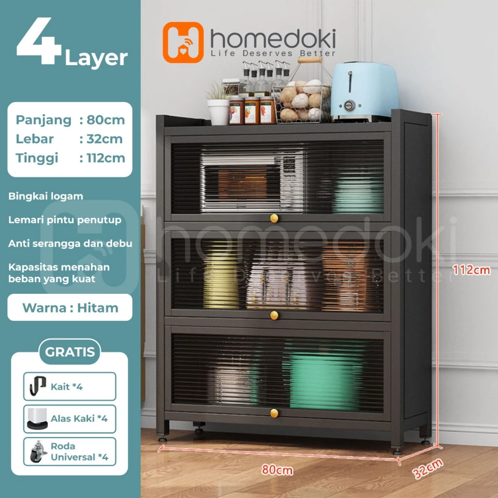 Homedoki Lemari Dapur Rak Piring Minimalis Tertutup Baja Karbon dengan Roda - Gambar 4