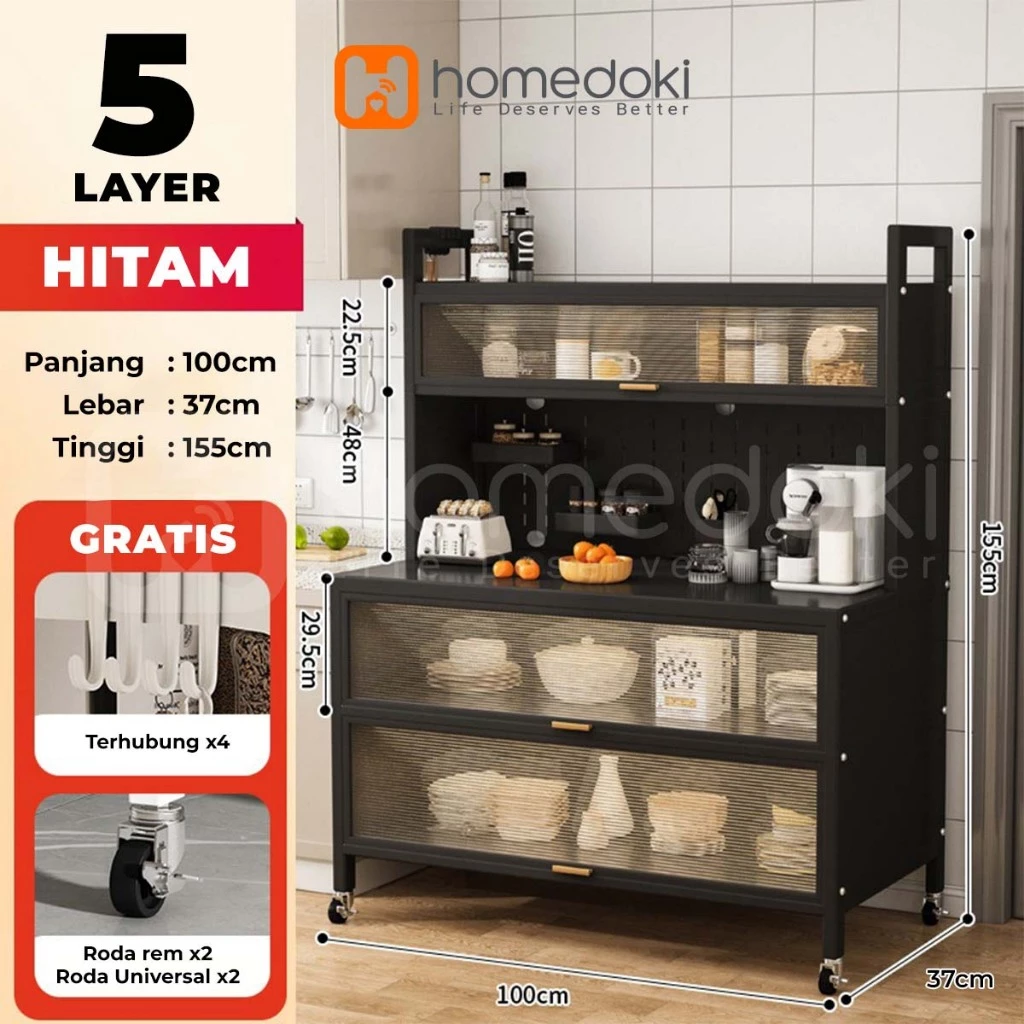 Homedoki Lemari Dapur Rak Piring Minimalis Tertutup Baja Karbon dengan Roda - Gambar 9
