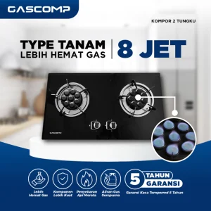 GASCOMP Kompor Gas Tanam Kaca 2 Tungku Eight Jet Burner Kuat Bergaransi Resmi