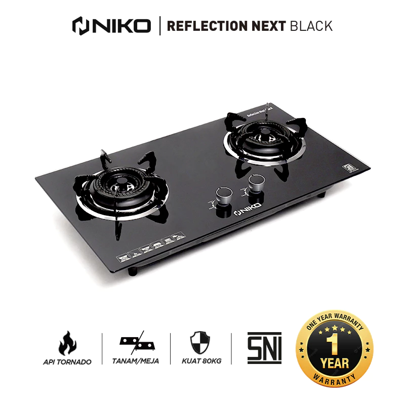 NIKO Reflection Next Black Kompor Gas Tanam 2 Tungku Kaca Tempered 7mm Garansi Resmi