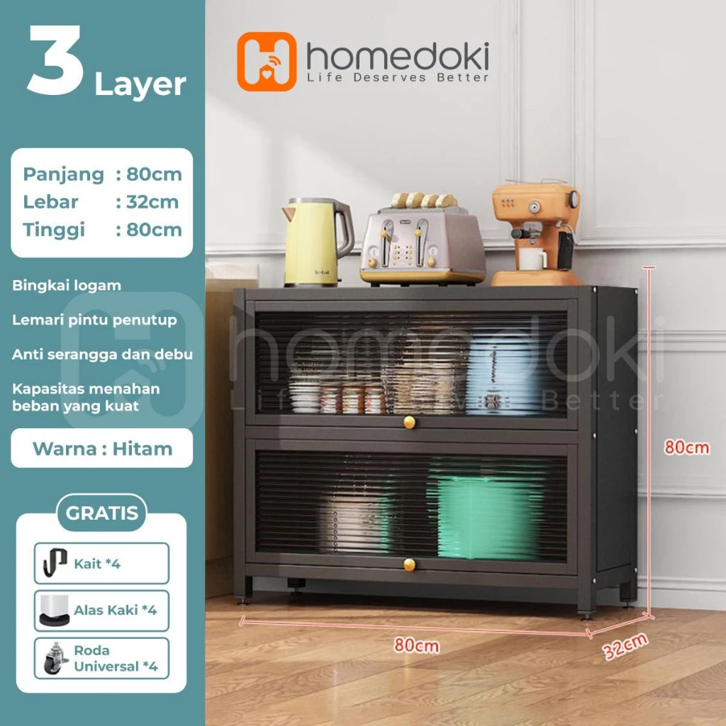 Homedoki Lemari Dapur Rak Piring Minimalis Tertutup Baja Karbon dengan Roda - Gambar 3