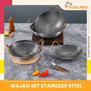 SUNLAND Wajan Penggorengan Stainless Steel Anti Lengket Set 3 Ukuran Kuali Masak Premium