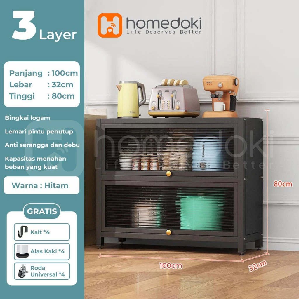 Homedoki Lemari Dapur Rak Piring Minimalis Tertutup Baja Karbon dengan Roda - Gambar 6