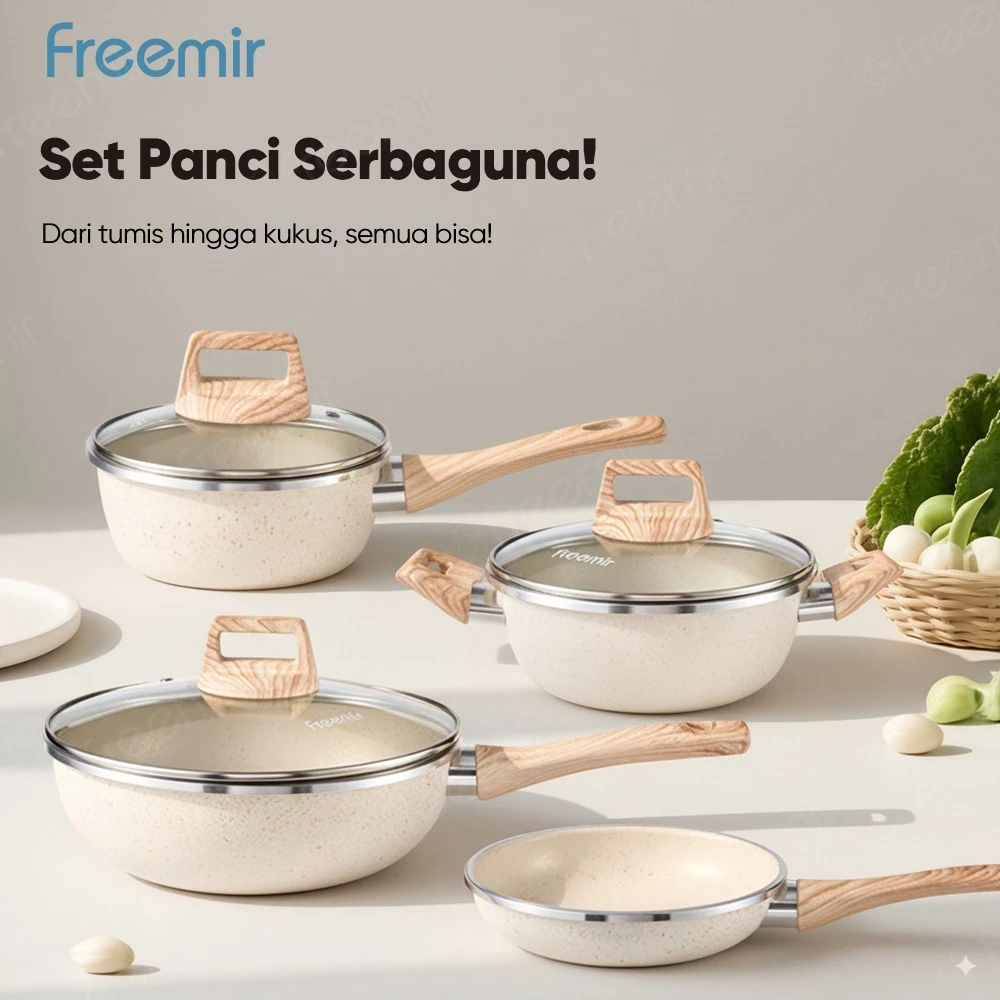 freemir Panci Set 7Pcs Lapisan Granit Anti Lengket Wajan Penggorengan Beige