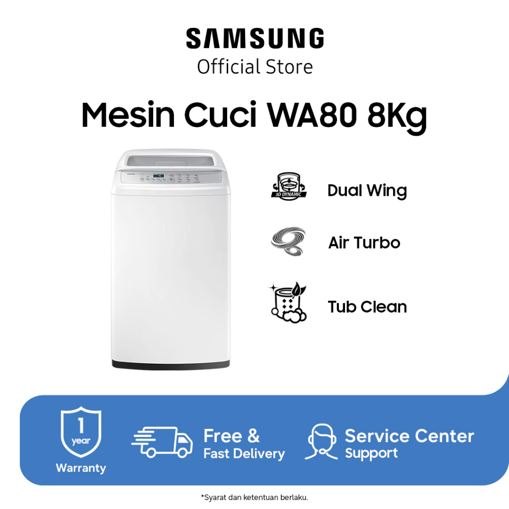 Samsung Mesin Cuci Top Loading 8Kg WA80H4200SW Eco Tub Clean Bukaan Atas Putih