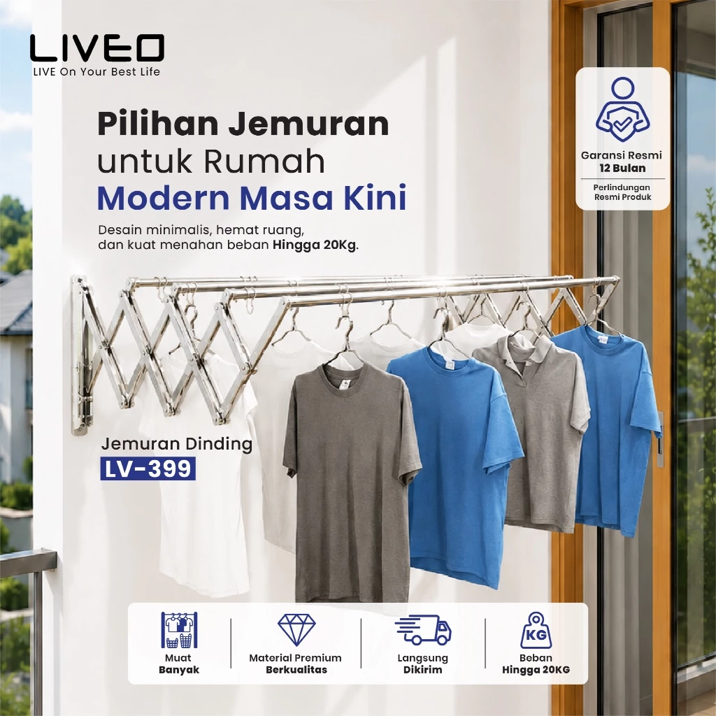 Liveo Jemuran Dinding Baju Lipat Gantung Stainless Steel Anti Karat Kuat