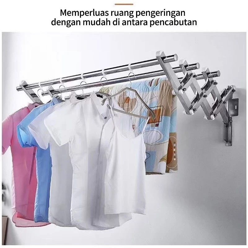 DGC Jemuran Baju Lipat Dinding Stainless Steel 304 Rak Handuk Pakaian Tarik Anti Karat Kuat 200 Kg - Gambar 3