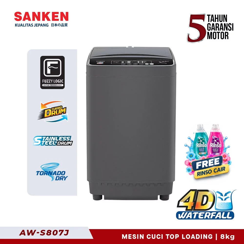 Sanken Mesin Cuci 1 Tabung 8 Kg AW-S807J Top Loading Anti Karat