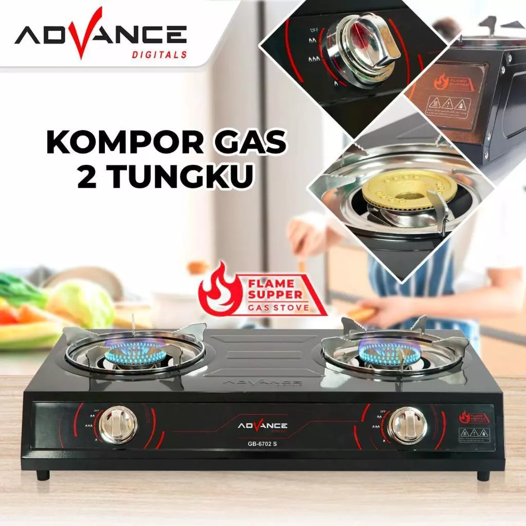 Advance Kompor Gas 2 Tungku Api Biru GB6602S GB201K Tempered Glass Stainless Steel Garansi Resmi 1 Tahun - Gambar 7