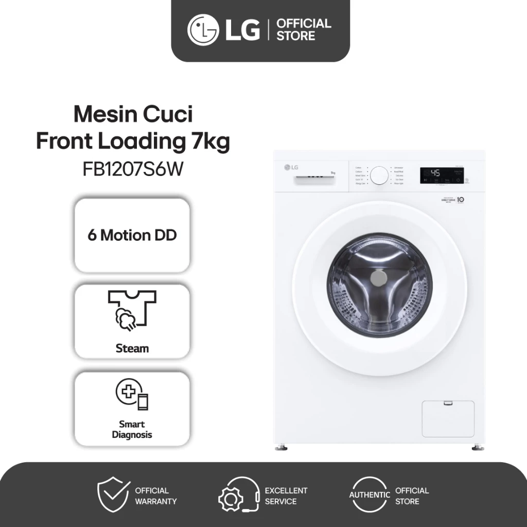 LG Mesin Cuci Front Loading 7kg Inverter Direct Drive Steam Wash FB1207S6W Putih