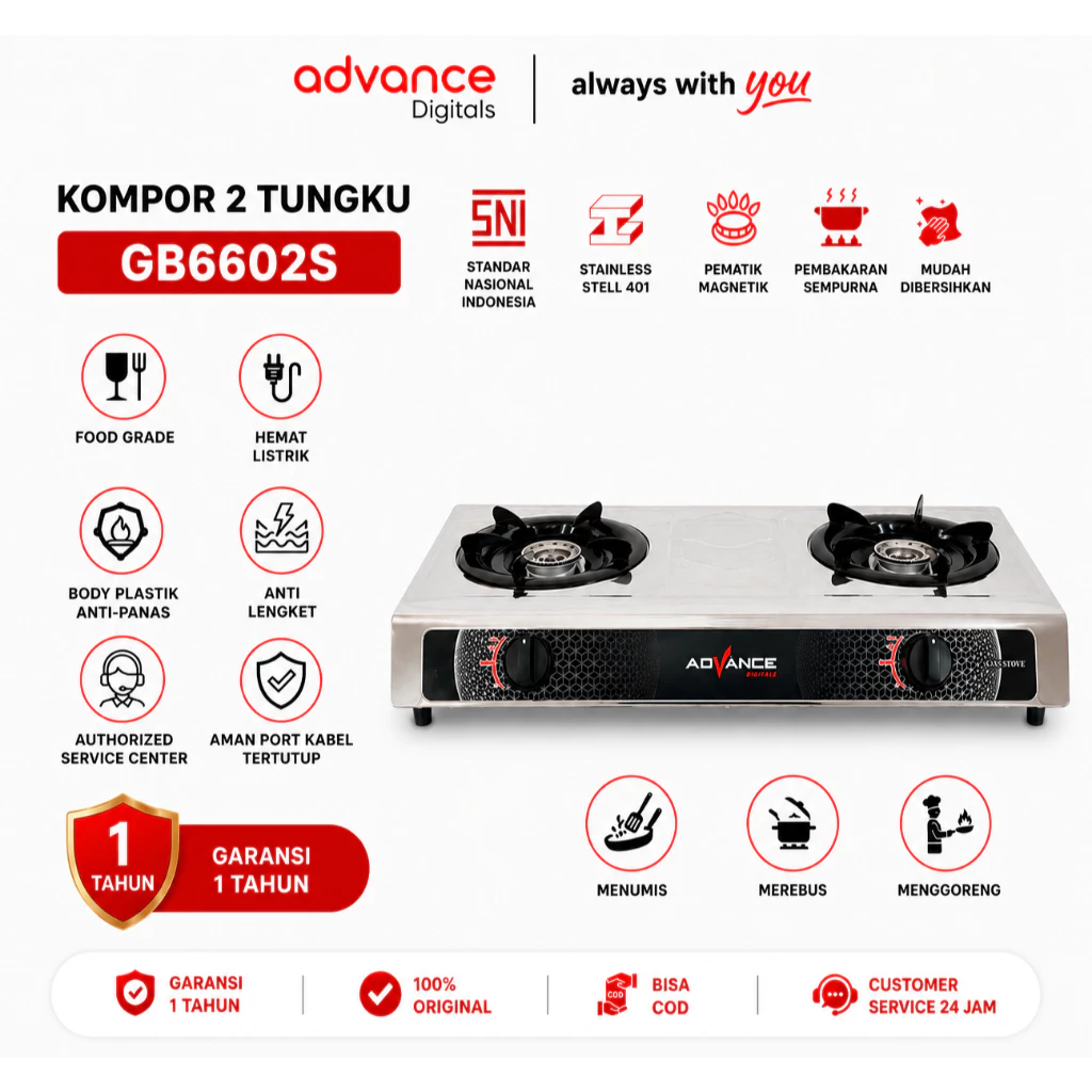 Advance Kompor Gas 2 Tungku Api Biru GB6602S GB201K Tempered Glass Stainless Steel Garansi Resmi 1 Tahun - Gambar 3