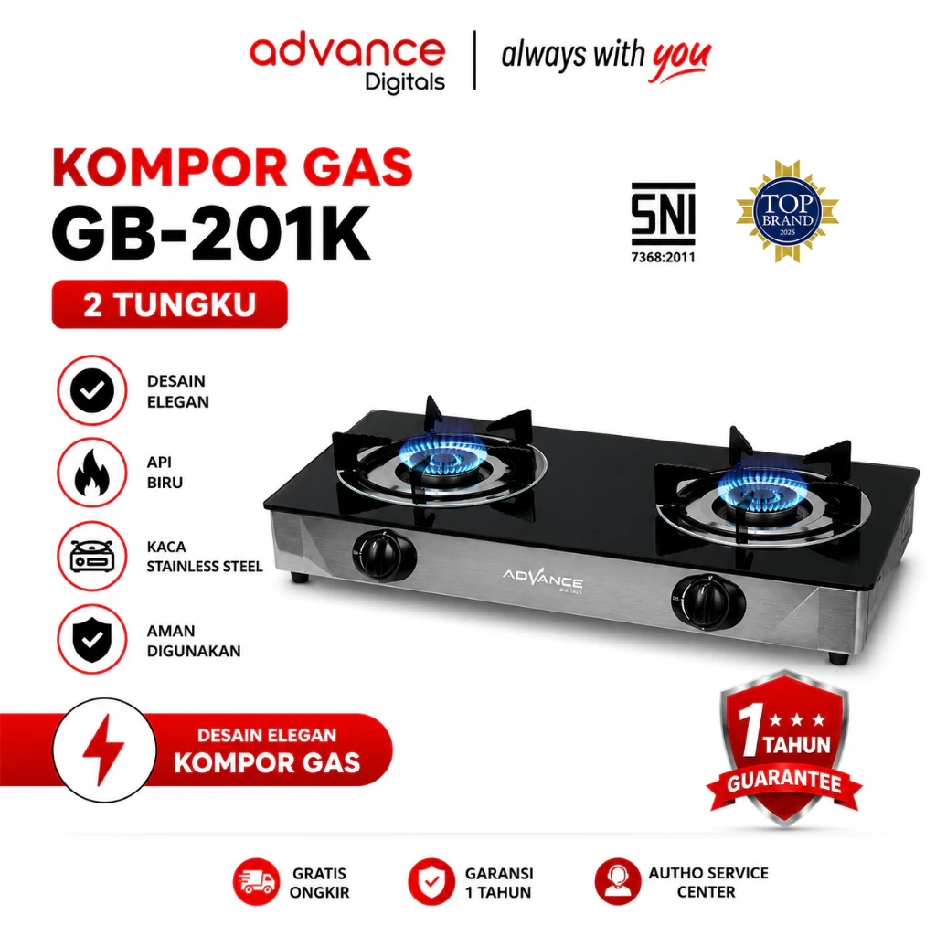 Advance Kompor Gas 2 Tungku Api Biru GB6602S GB201K Tempered Glass Stainless Steel Garansi Resmi 1 Tahun - Gambar 8