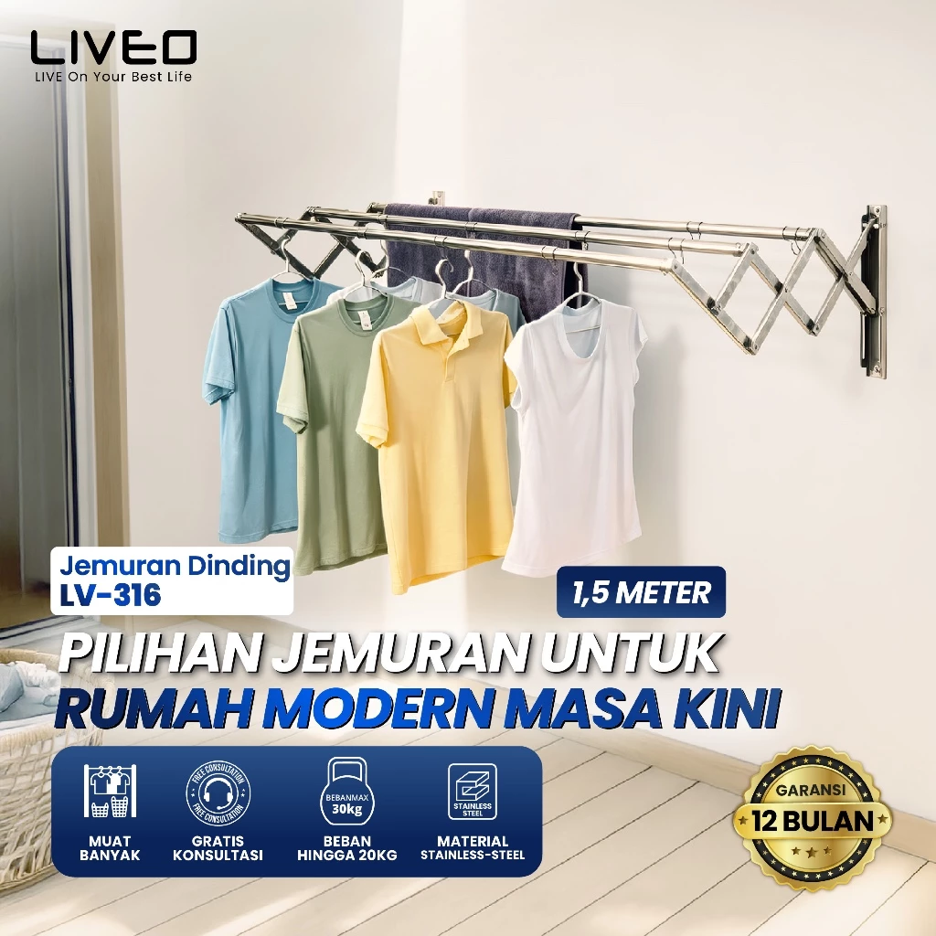 LIVEO LV-316 Jemuran Dinding Baju Lipat Stainless Steel 1.5 Meter 3 Batang Anti Karat
