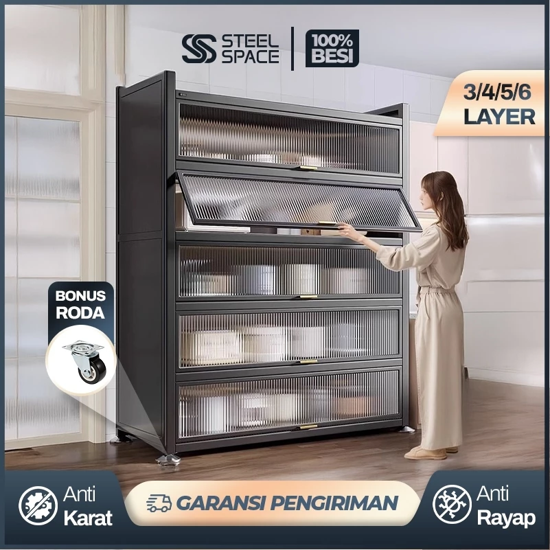 STEEL SPACE Lemari Dapur Serbaguna Besi Rak Piring Tertutup Minimalis Anti Karat - Gambar 4