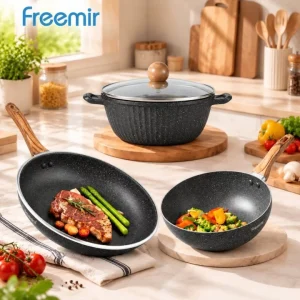 Freemir Paket Panci Wajan Anti Lengket Granit Set 4 Pcs Lengkap Kukusan