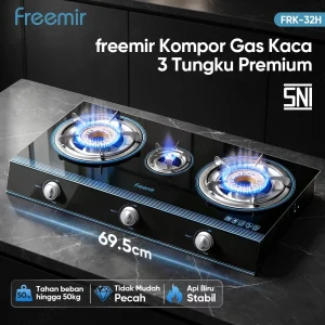 Freemir Kompor Gas 3 Tungku Kaca Tempered SNI Api Biru Hemat Gas Meja Dapur