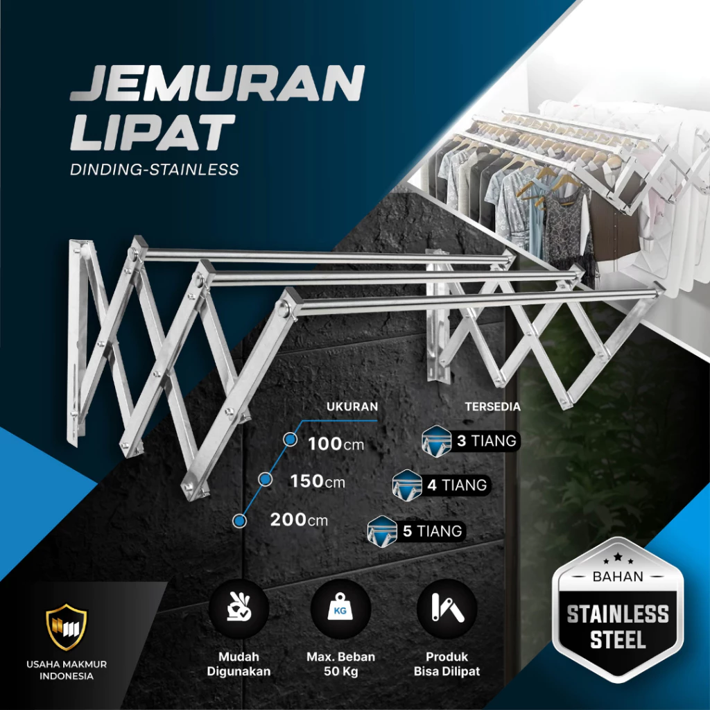FLUSSO Jemuran Lipat Baju Dinding Stainless SUS304 - Gambar 3