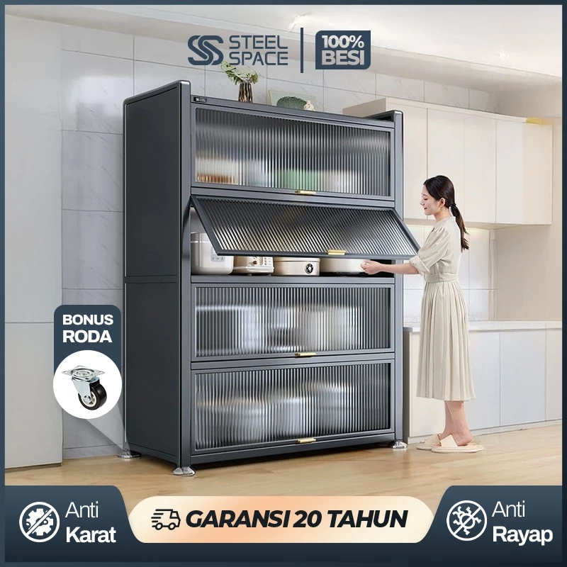 STEEL SPACE Lemari Dapur Serbaguna Besi Rak Piring Tertutup Minimalis Anti Karat - Gambar 3