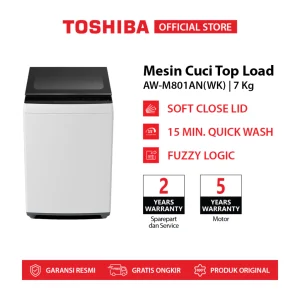 Toshiba Mesin Cuci Top Loading 7kg AW-M801AN(WK) Fuzzy Logic & Soft Close Lid



###