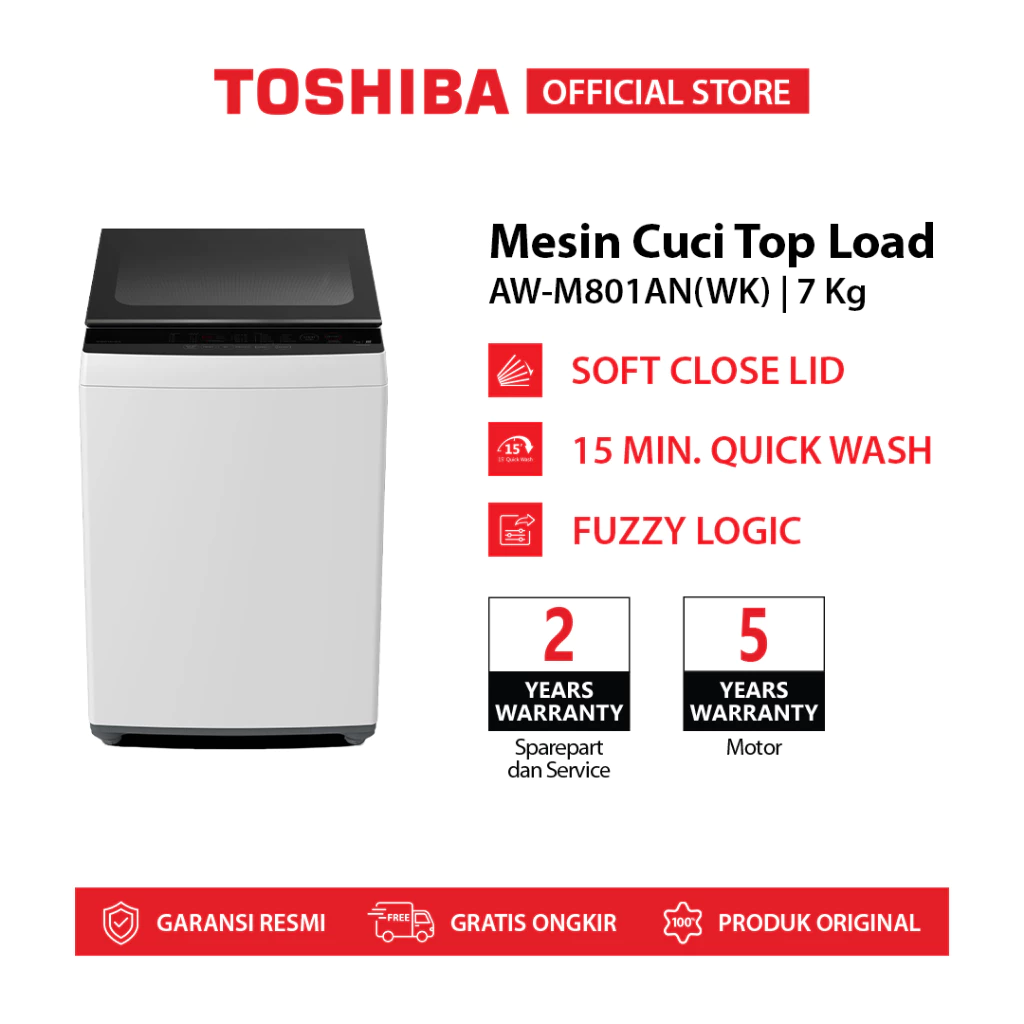Toshiba Mesin Cuci Top Loading 7kg AW-M801AN(WK) Fuzzy Logic & Soft Close Lid



###