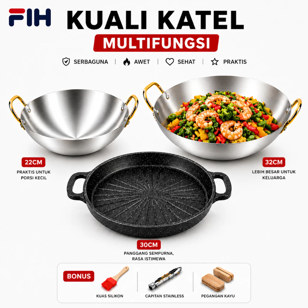 Wajan Penggorengan Kuali Mini Stainless Steel Gagang Gold Anti Lengket Tebal SNI