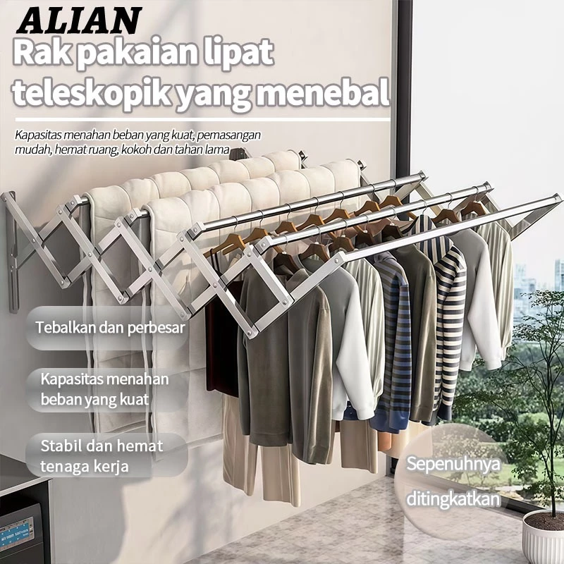 ALIAN Jemuran Lipat Dinding Stainless Steel Rak Gantungan Baju Tembok Kuat 100kg