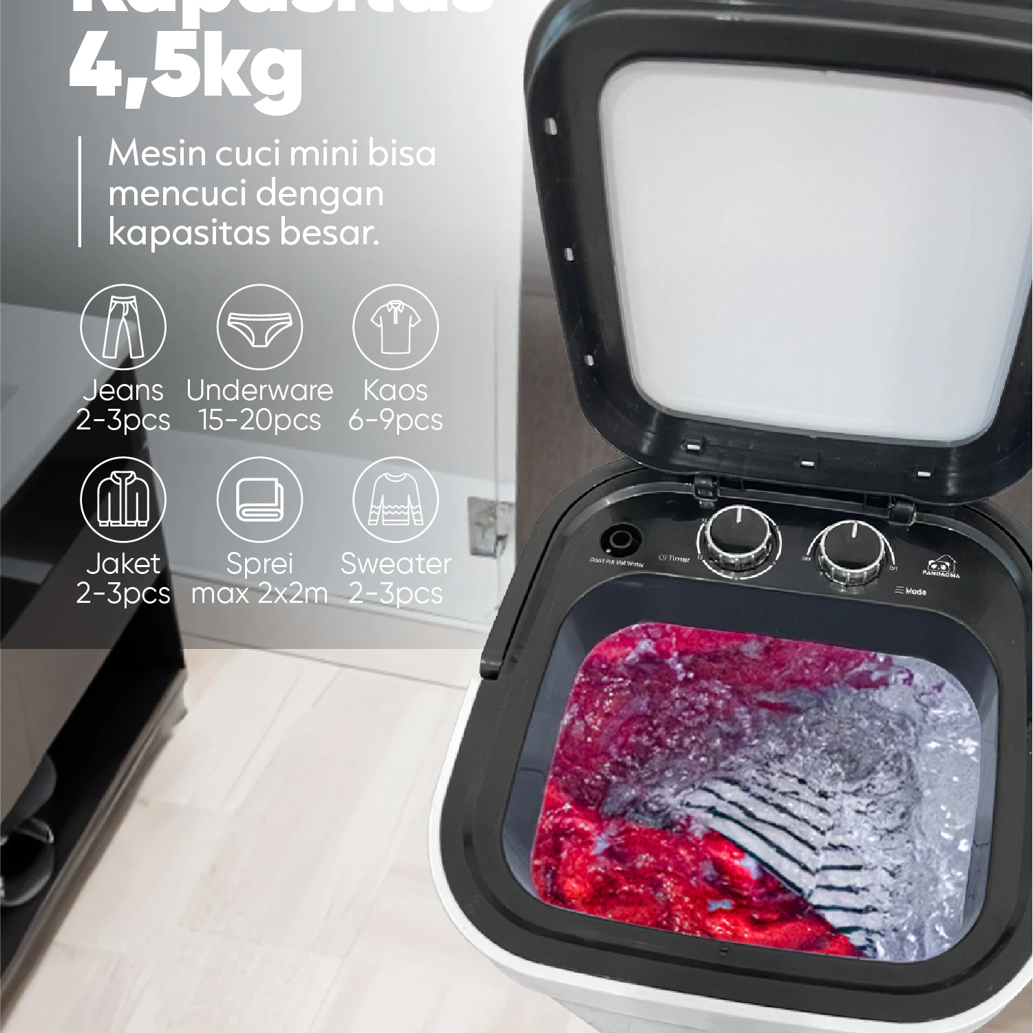 Pandaoma Mesin Cuci Mini Atro Portabel 4.5kg Hemat Listrik - Gambar 9