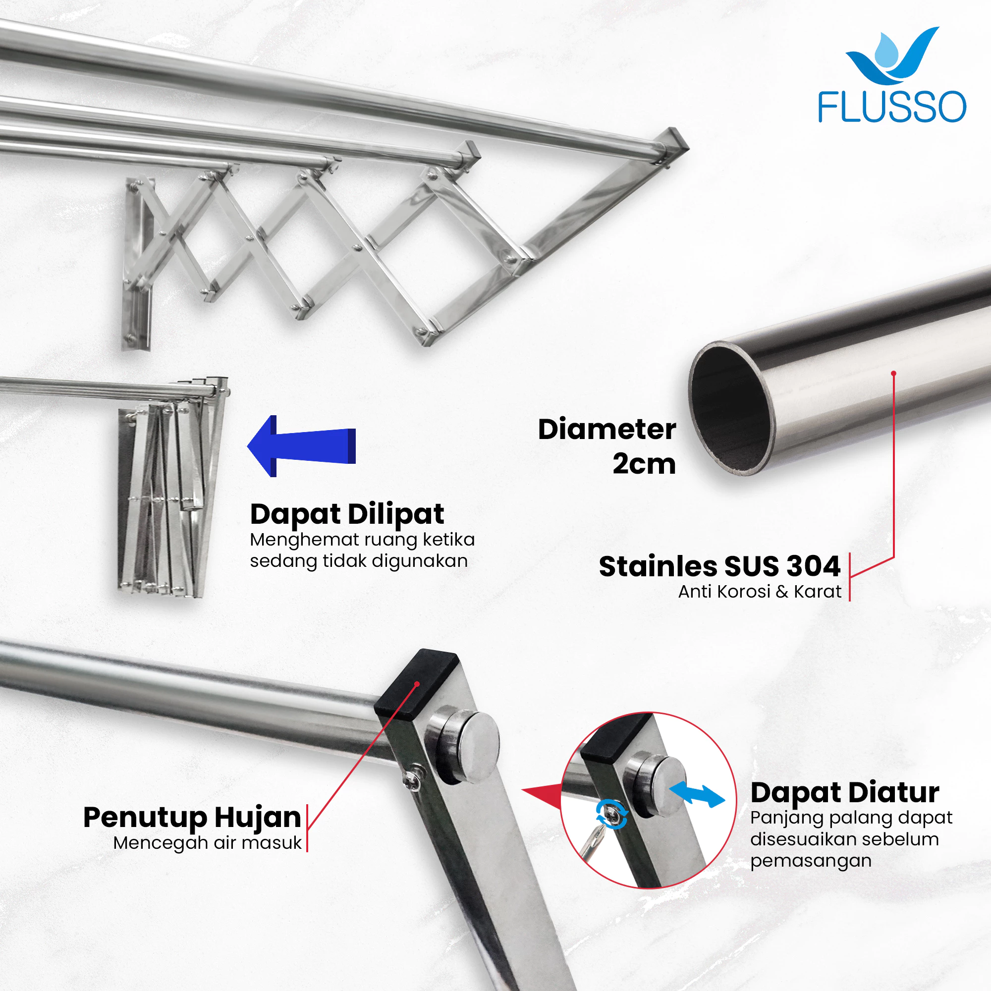 FLUSSO Jemuran Lipat Baju Dinding Stainless SUS304 - Gambar 5