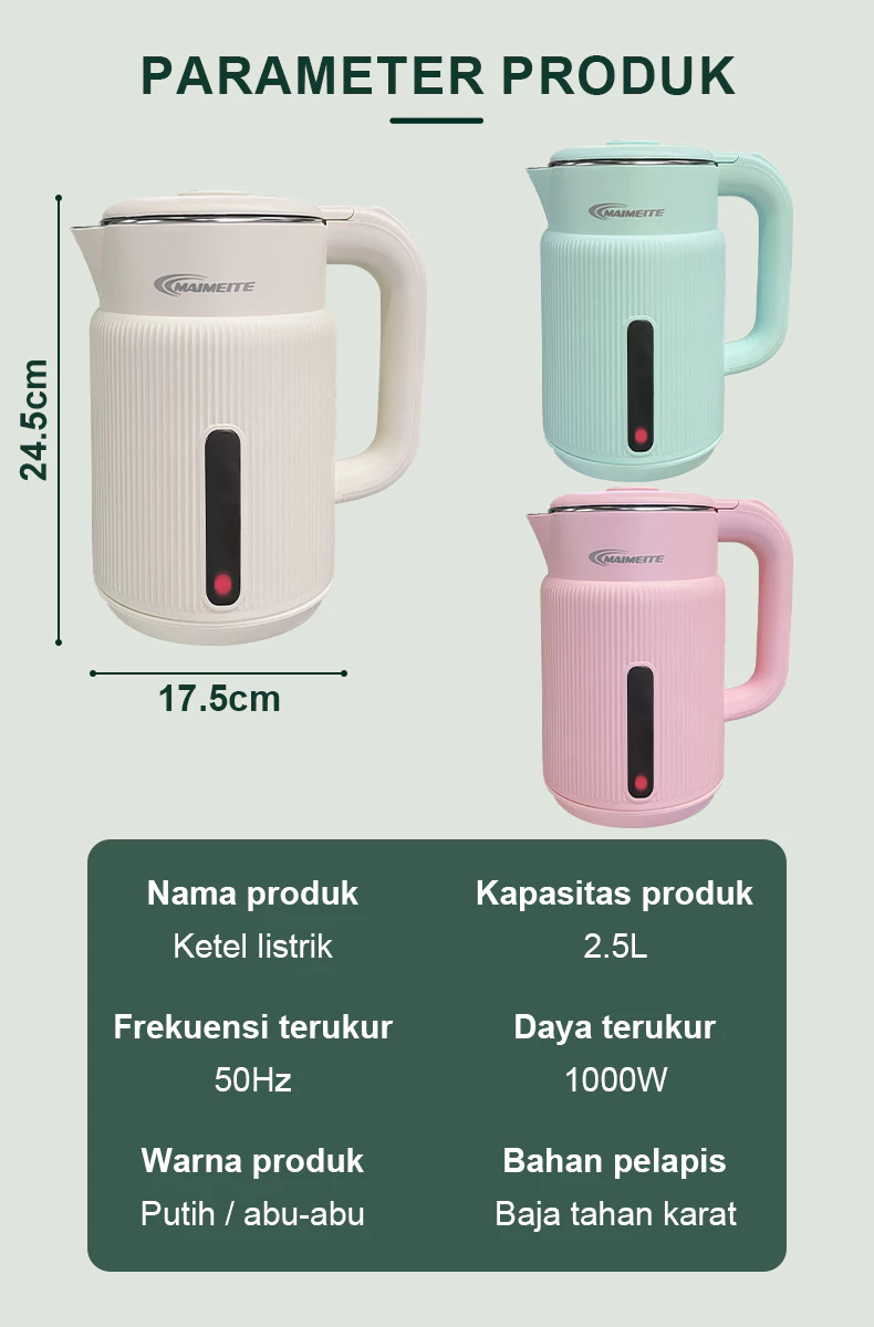 MAIMEITE Teko Listrik 2.5L Electric Kettle Stainless Steel Cepat Panas Otomatis - Gambar 16