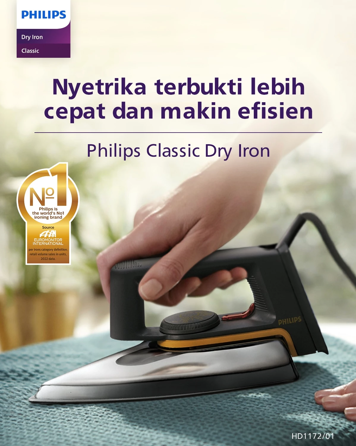 Philips Setrika Kering Classic HD1172/99 Tapak Aluminium Anti Lengket 350W Hitam - Gambar 6