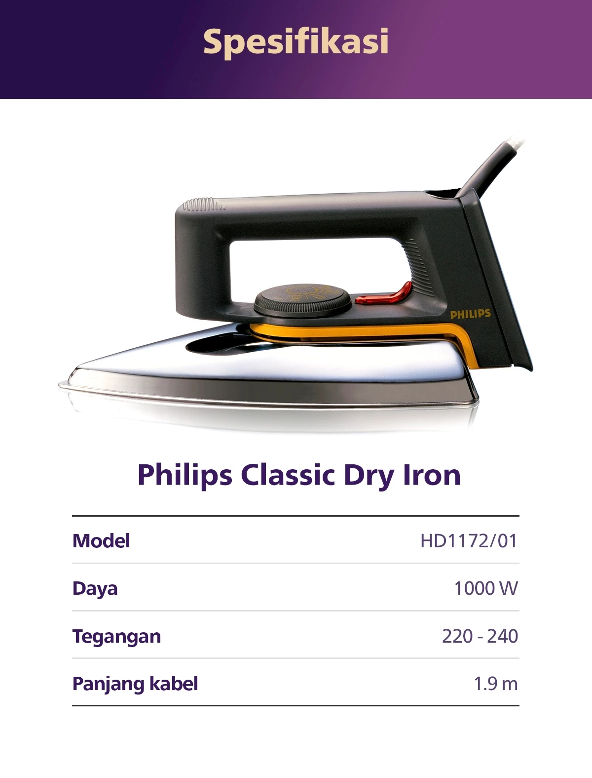 Philips Setrika Kering Classic HD1172/99 Tapak Aluminium Anti Lengket 350W Hitam - Gambar 13