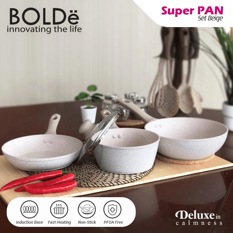 BOLDe Super Pan Set Wajan Keramik Granit Beige 3 pcs Anti Lengket Induksi - Gambar 4