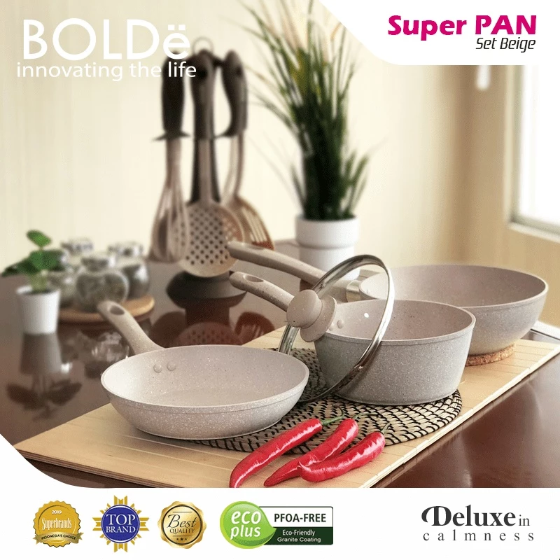 BOLDe Super Pan Set Wajan Keramik Granit Beige 3 pcs Anti Lengket Induksi - Gambar 2