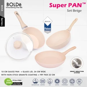 BOLDe Super Pan Set Wajan Keramik Granit Beige 3 pcs Anti Lengket Induksi