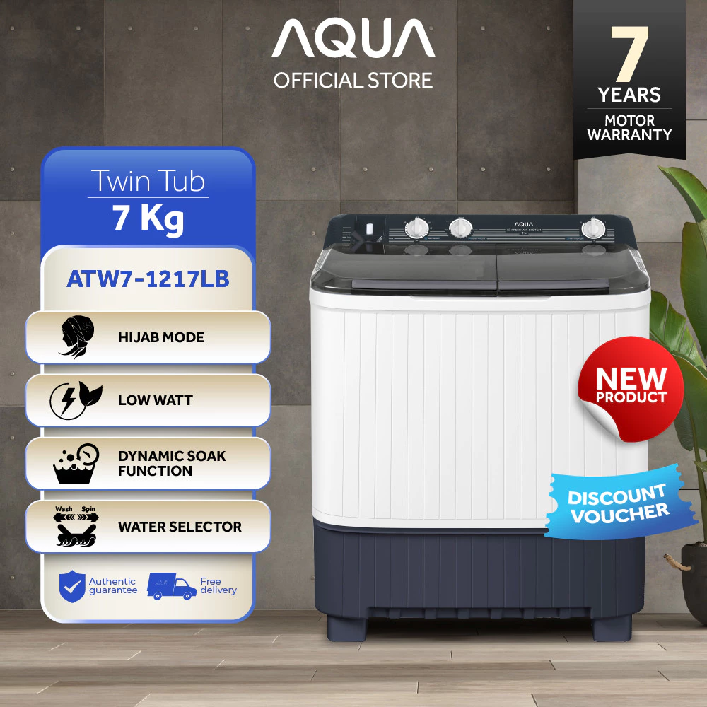 AQUA Mesin Cuci 2 Tabung 7kg ATW7-1217LB Low Watt Anti Bakteri