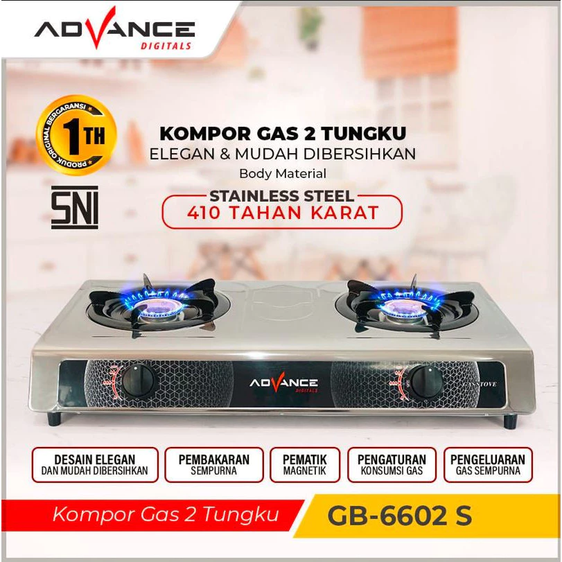 Advance Kompor Gas 2 Tungku Api Biru GB6602S GB201K Tempered Glass Stainless Steel Garansi Resmi 1 Tahun - Gambar 6